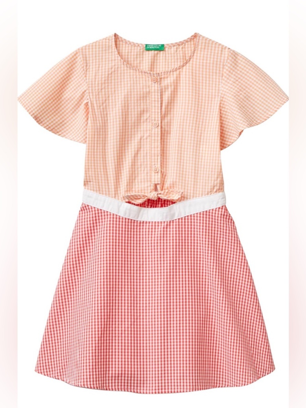 United Colors of Benetton Girl’s Dress Orange Red & White Gingham Size 7/8 years